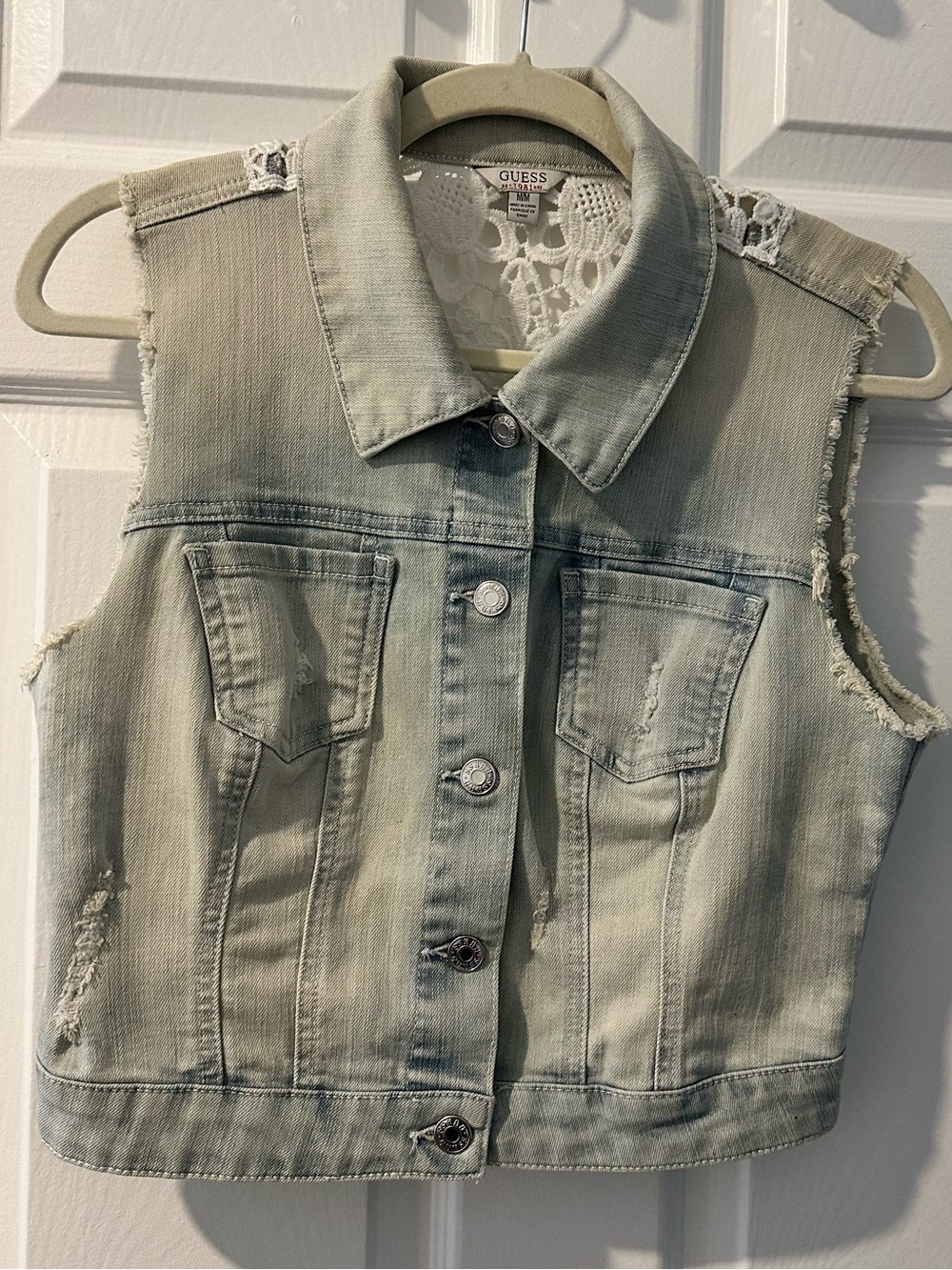 GUESS Cropped Distressed Denim Lace Back Vest Size M